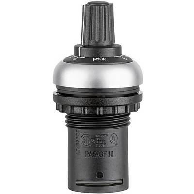 Electronic rotary potentiometer with knurled knob and adjustment rings, black housing. Suitable for fine-tuning in electronic devices.
