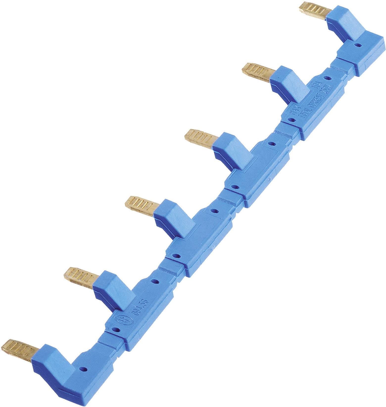 Blue distribution rail connector with five copper bars, used in electrical installations for connecting modular devices.