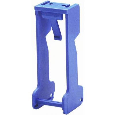 Blue plastic holder in an upright position, potentially suitable for fixing or holding an object.