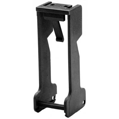A black, vertical plastic stand with a hook mechanism in the middle, possibly part of a larger device or tool.