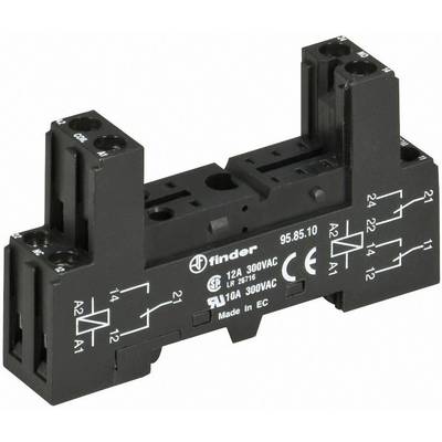 Black finder relay socket with white printed technical details and circuit diagrams. Suitable for relays with 12A, 300VAC.