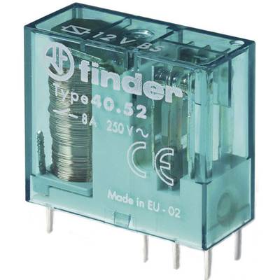 A rectangular, transparent relay with the inscription 'finder Type 40.52', suitable for 12V, 8A, 250V. Contains CE marking.
