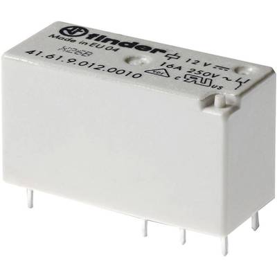 A rectangular, white electrical relay marked with '12 V, 16 A, 250 V'. It has several metal terminals on its underside.