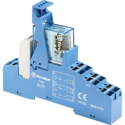 Blue relay module with Finder logo and type designation 95.05. It shows a technical drawing of the connections and is suitable for 10A 250V.