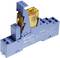 A blue relay with a transparent housing and electronic terminals, likely for industrial or electrical applications.