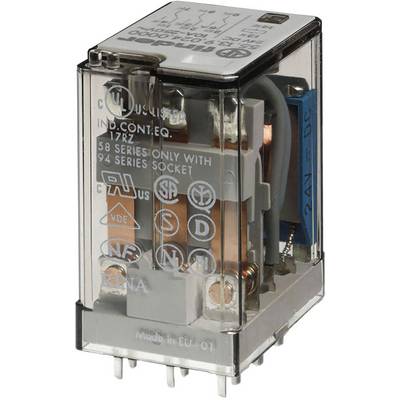 A relay with a transparent casing, showing internal copper contacts and terminals. Technical specification markings visible.