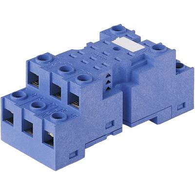 Blue plastic electrical connection block with multiple terminals and holes for wire securing.