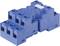 Blue plastic electrical connection block with multiple terminals and holes for wire securing.