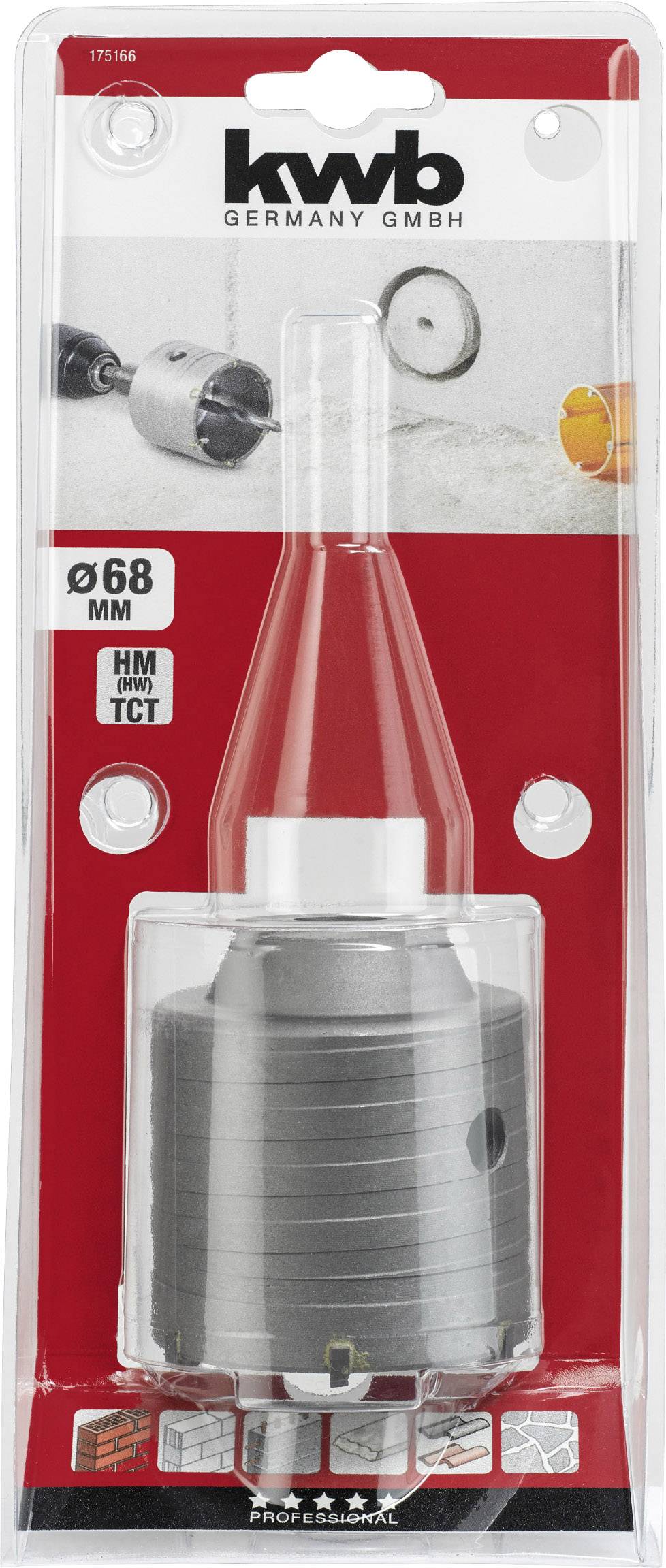 KWB Germany drill crown set, diameter: 68 mm, for concrete, masonry, tiles. Packed in blister pack with hanging hook.