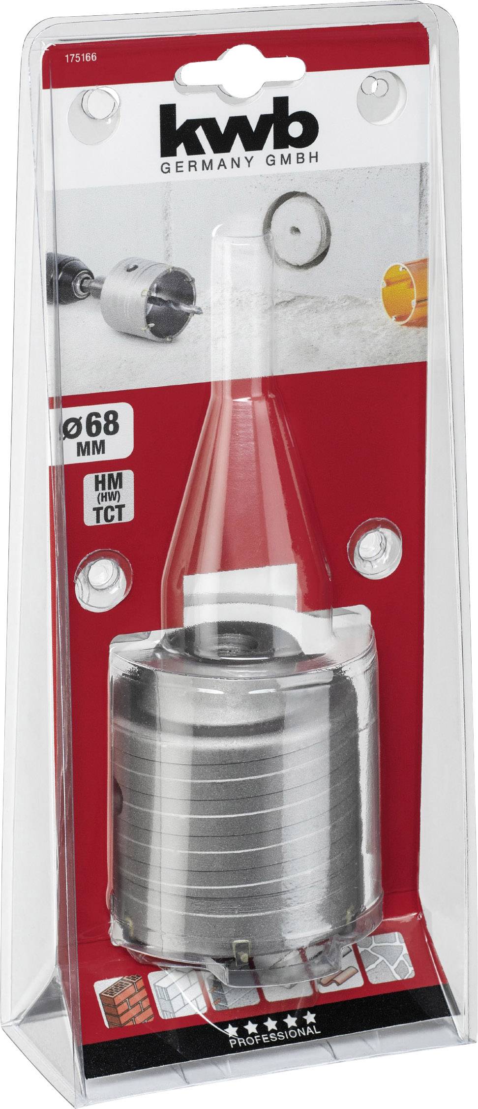 '68 mm KWB hole saw in packaging, suitable for wood and metal. Product photo shows saw and manufacturer's name on a red background.'