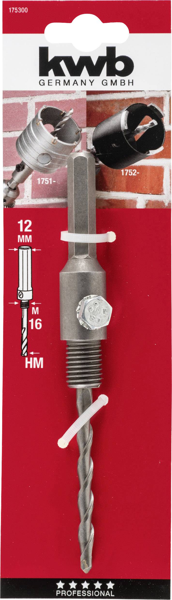 Drill set on red packaging with two hole saws, brand 'kwb GERMANY GMBH', drill diameter 12 mm, for professional use.