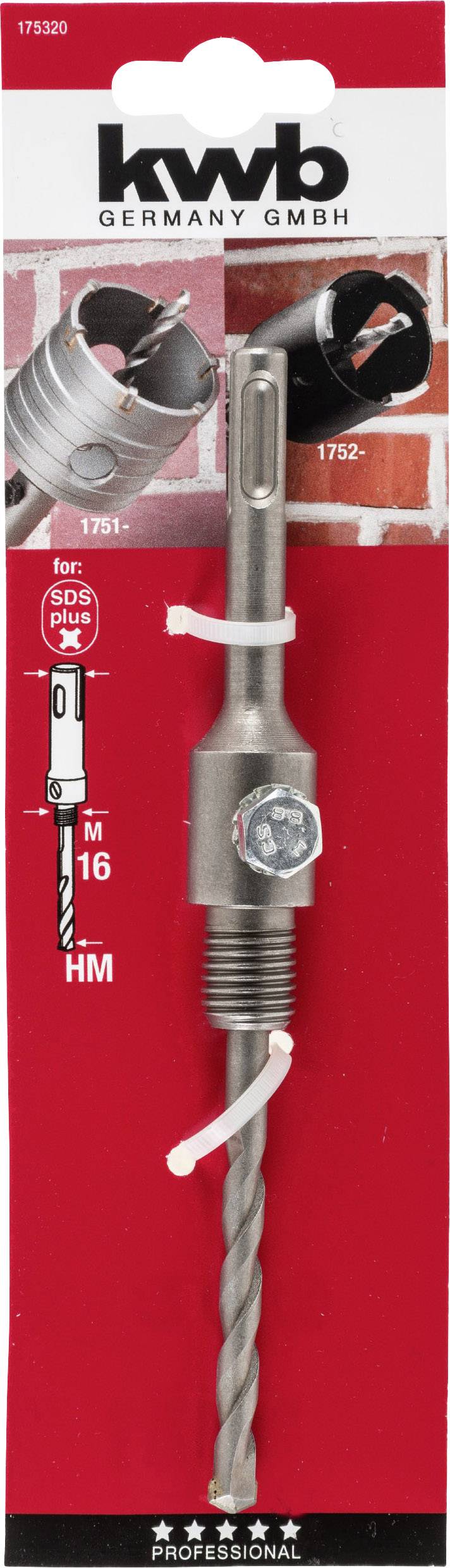 Kwb SDS-plus drill adapter set, pictured with accessories against a red background, suitable for professional applications.