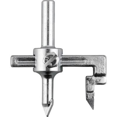 A silver circular cutter with a sharp pointed end and adjustable width. Suitable for cutting circular openings in materials.