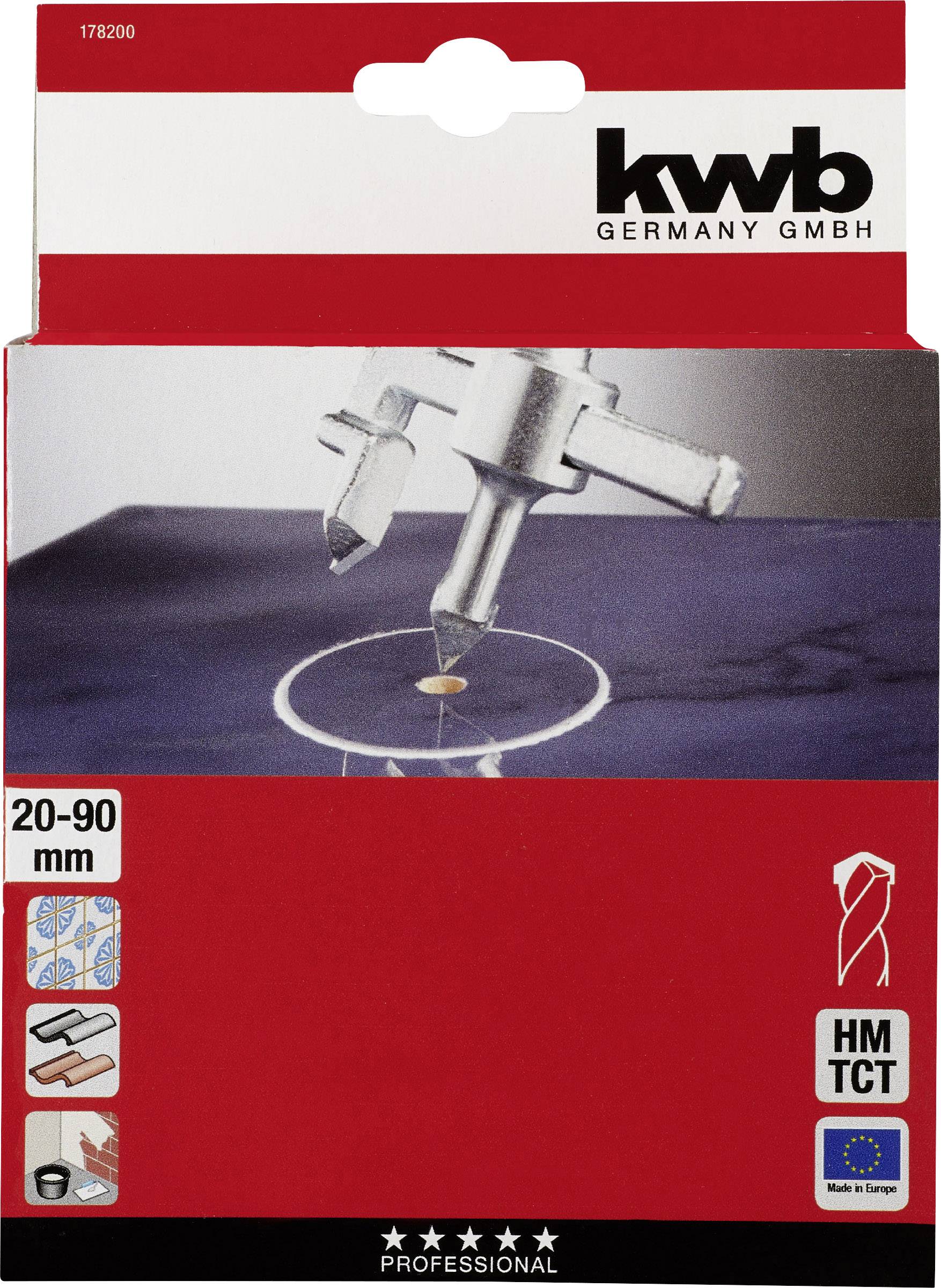 Packaging with hole saw sets for drills by KWB, suitable for 20-90 mm holes in various materials.