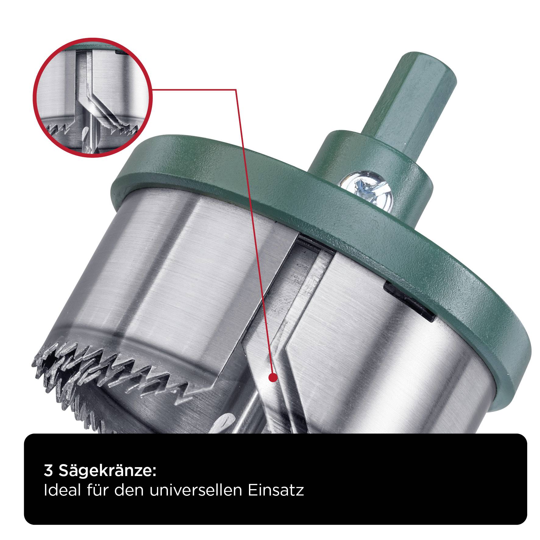Metal circular saw with green handle in close-up. Text: '3 saw blades: Ideal for universal use'.