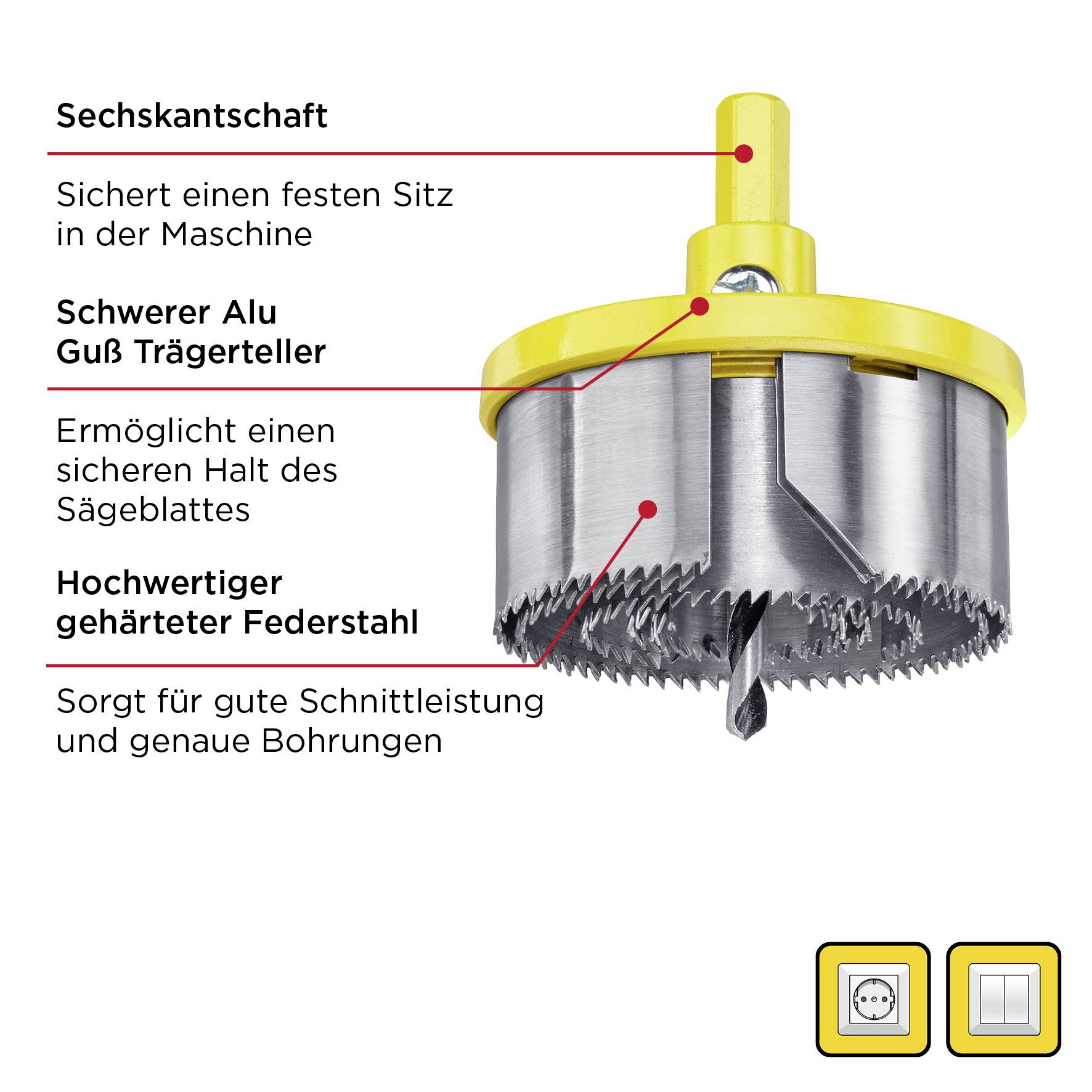 A hole saw with a hexagonal shank, heavy-duty aluminium carrier plate and hardened spring steel for precise drilling.