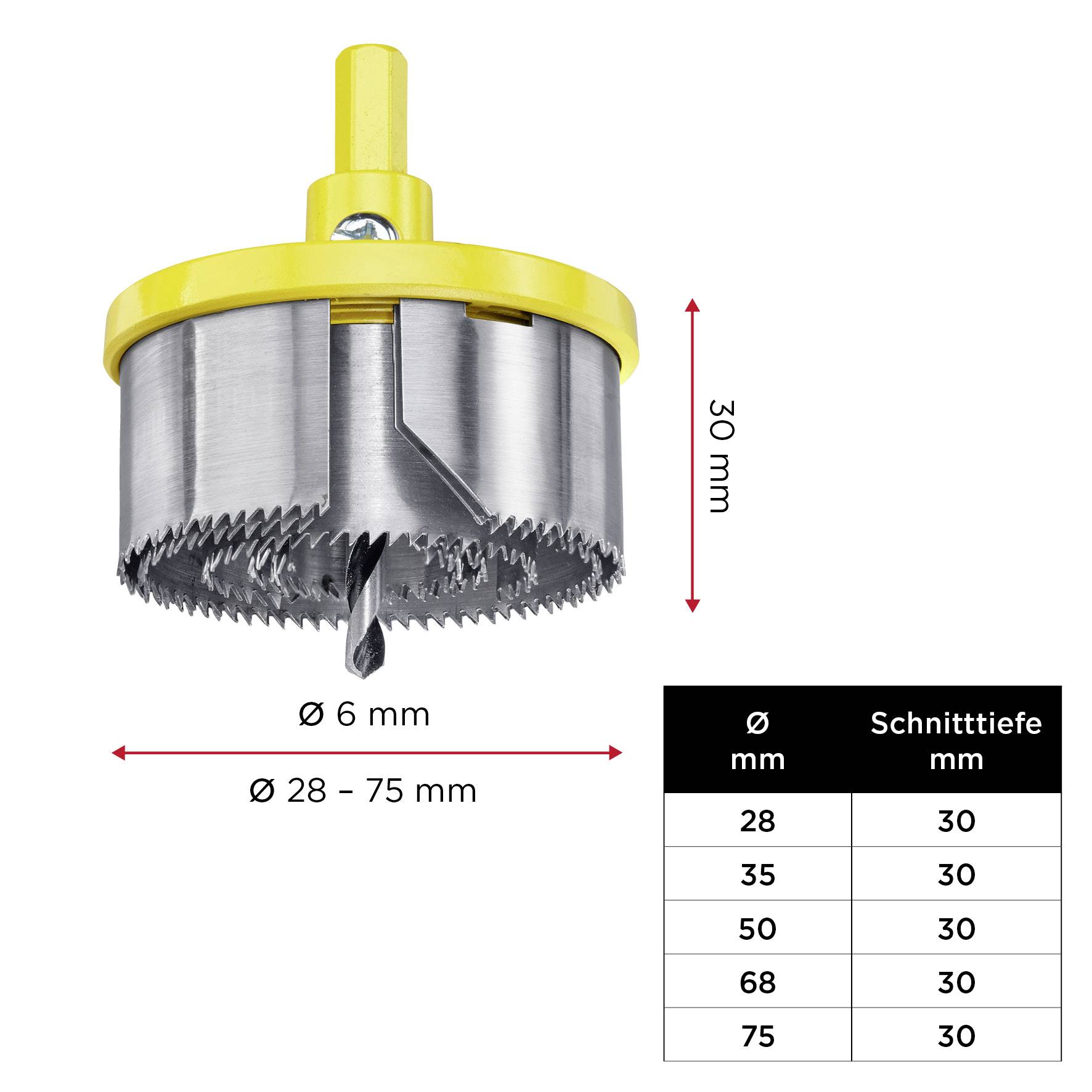 Drill crown with variable diameter from 28 to 75 mm, cutting depth 30 mm. Table shows diameters and corresponding cutting depths.