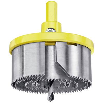 Metal hole saw with a yellow housing and multiple serrated saw blades. Used for metalworking.