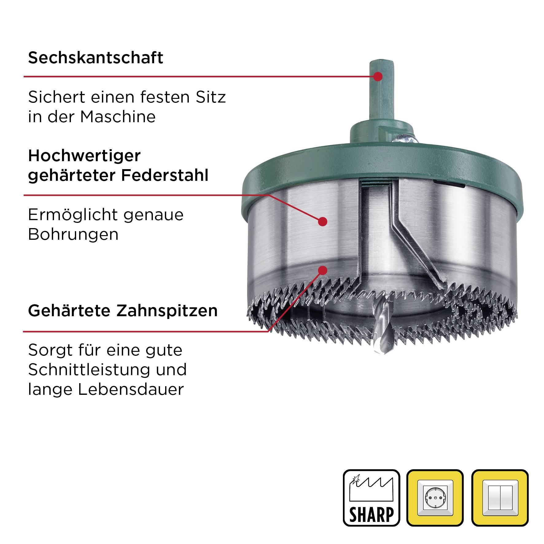 Drill crown with hexagonal shank; Features: hardened spring steel for precise drilling, hardened tooth tips for long service life. Symbols of sharpness and quality.