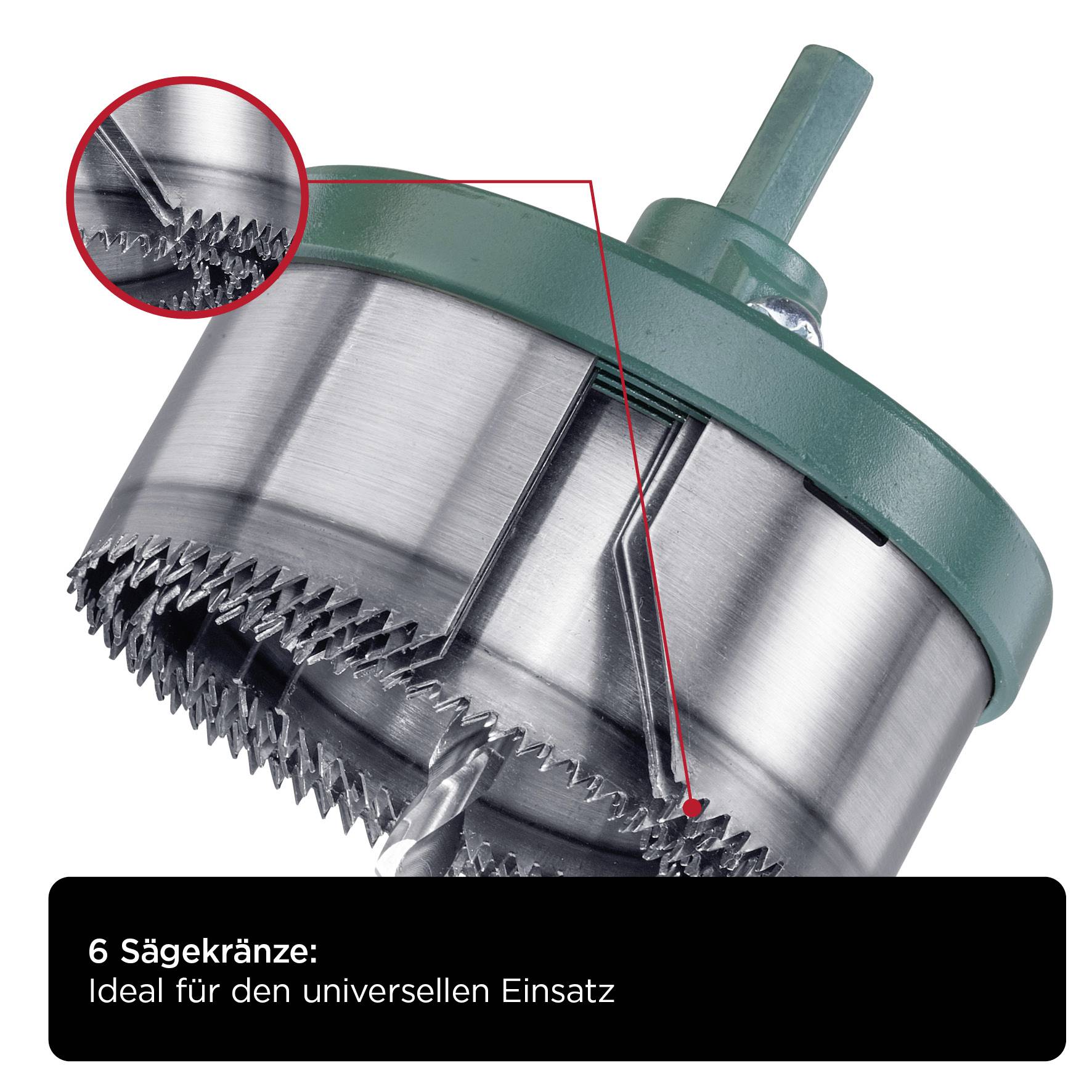 Drill crown with six cutting rings in close-up. The tip shows how the teeth are sharp and evenly arranged. Ideal for universal use.