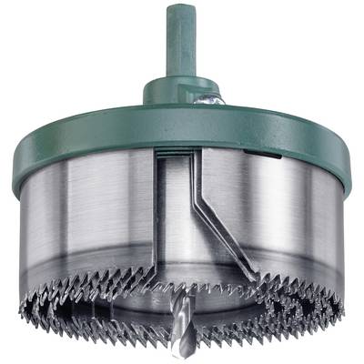 Metal saw attachment with a green housing, comprising multiple concentric cutting teeth, suitable for cutting various diameters.