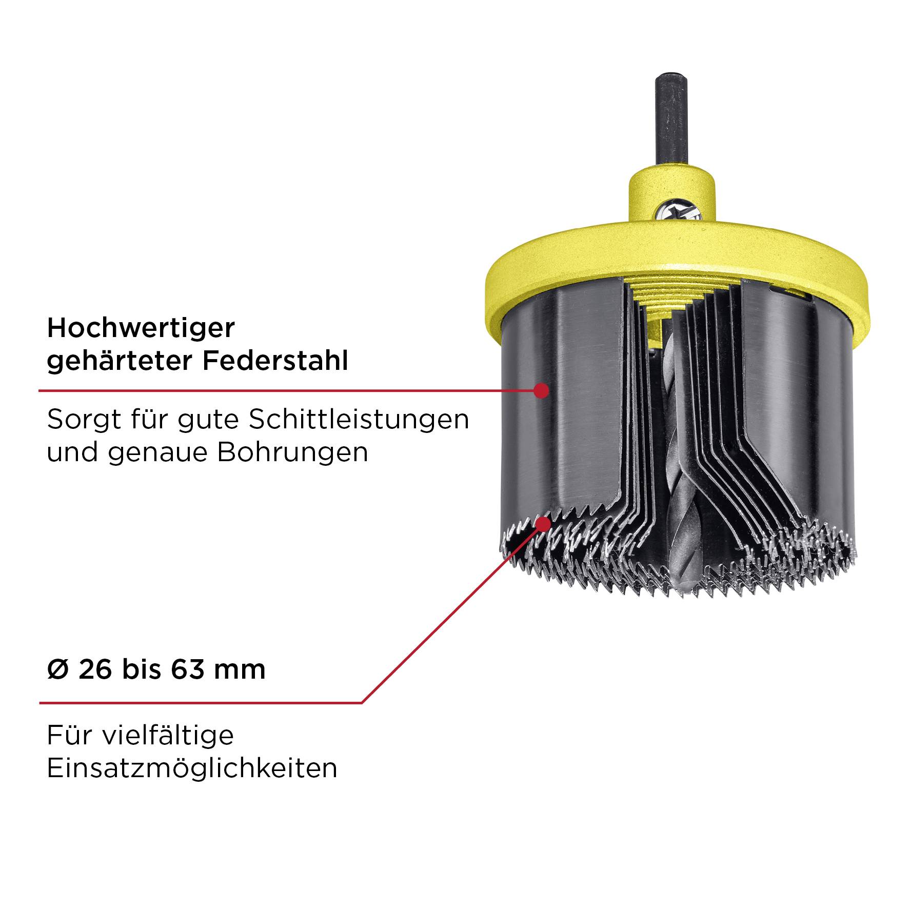 Hole Saw Set made from high-quality hardened spring steel, diameter 26 to 63 mm, ensures precise drilling, versatile in application.