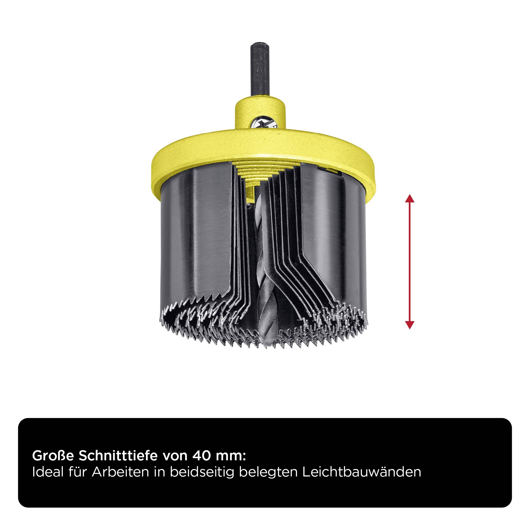 A hole saw with a yellow casing and black saw blade. Text: 'Large cutting depth of 40 mm: Ideal for work in double-sided lightweight partition walls'.