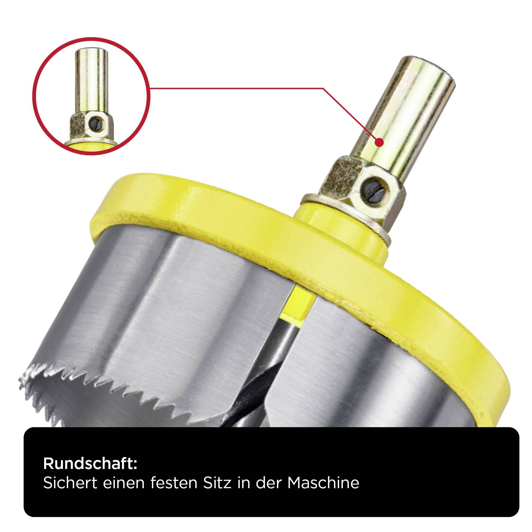 Circular saw blade in close-up, showing the round shank. The text explains that the shank ensures a secure fit in the machine.