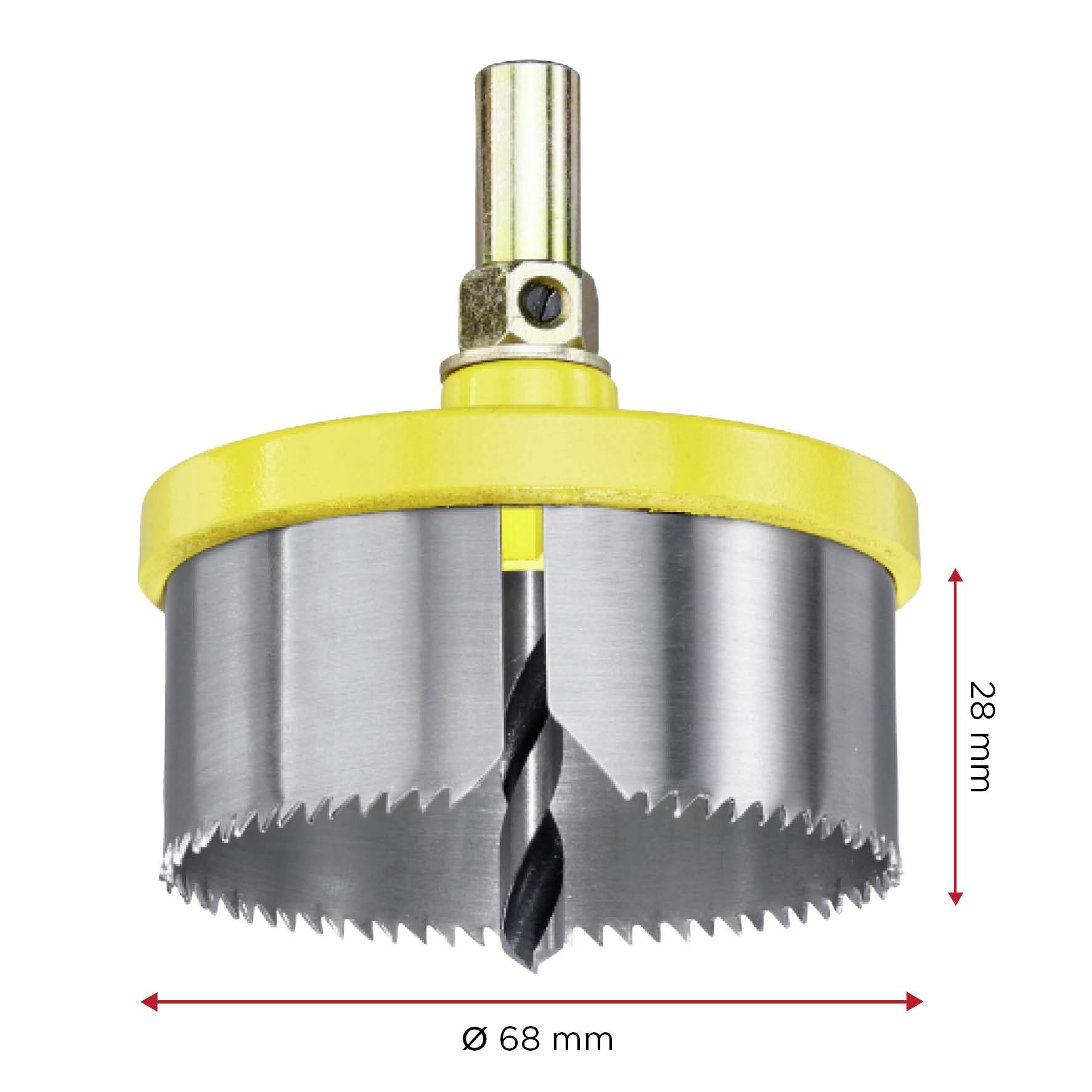 Metal drill crown with yellow rim, 68 mm diameter, 28 mm height, ideal for drilling large holes in wood or metal.