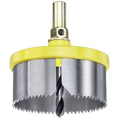 Drill crown with a yellow casing and metal teeth, suitable for cutting large holes in wood or metal.