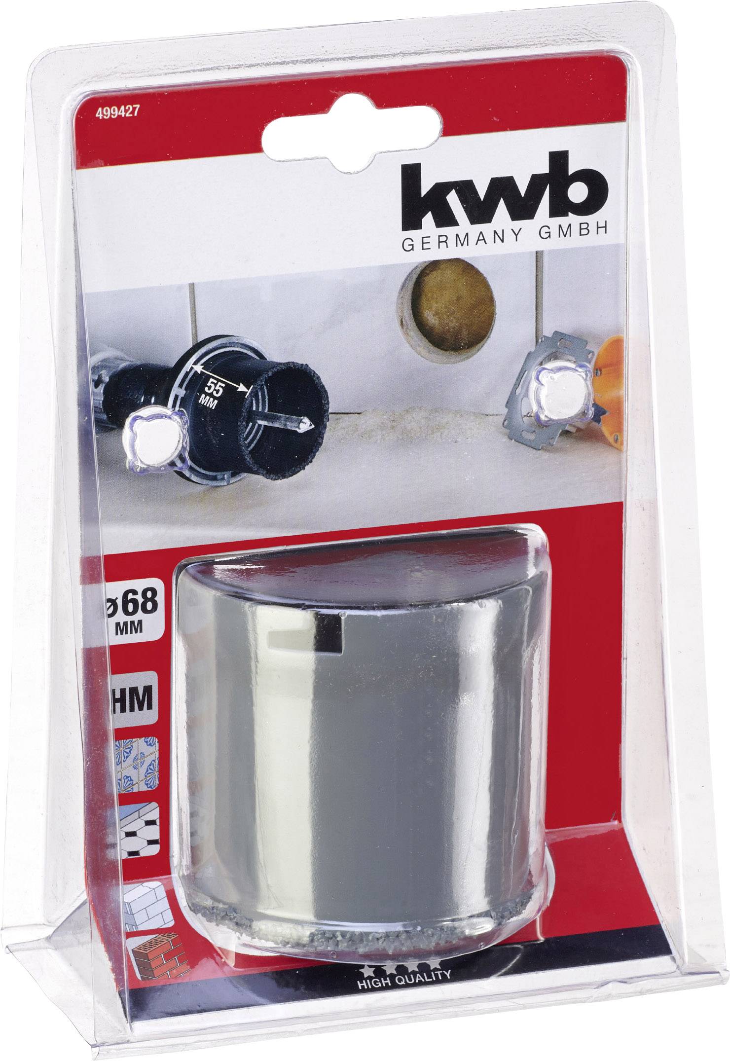 'KWB Germany GmbH' Hole Saw Set in Plastic Packaging, Showing Image Application in Drywall Construction. Size: 68 mm, Suitable for Wood and Metal.