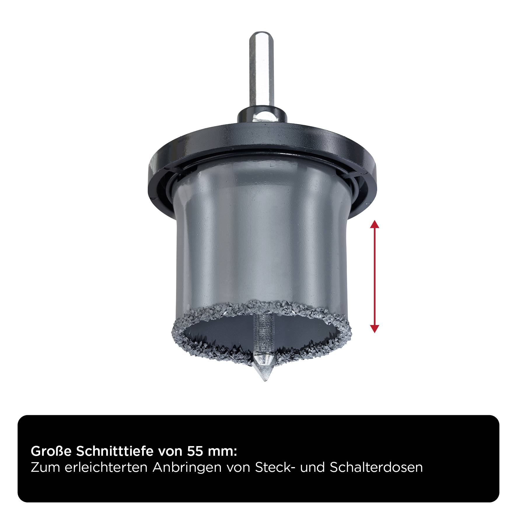 'Drill crown with large cutting depth of 55 mm, ideal for installing socket and switch boxes. Red double arrow indicates cutting depth.'