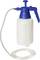 Spray bottle with pump mechanism, blue handle and long transparent hose, used for gardening or cleaning purposes.