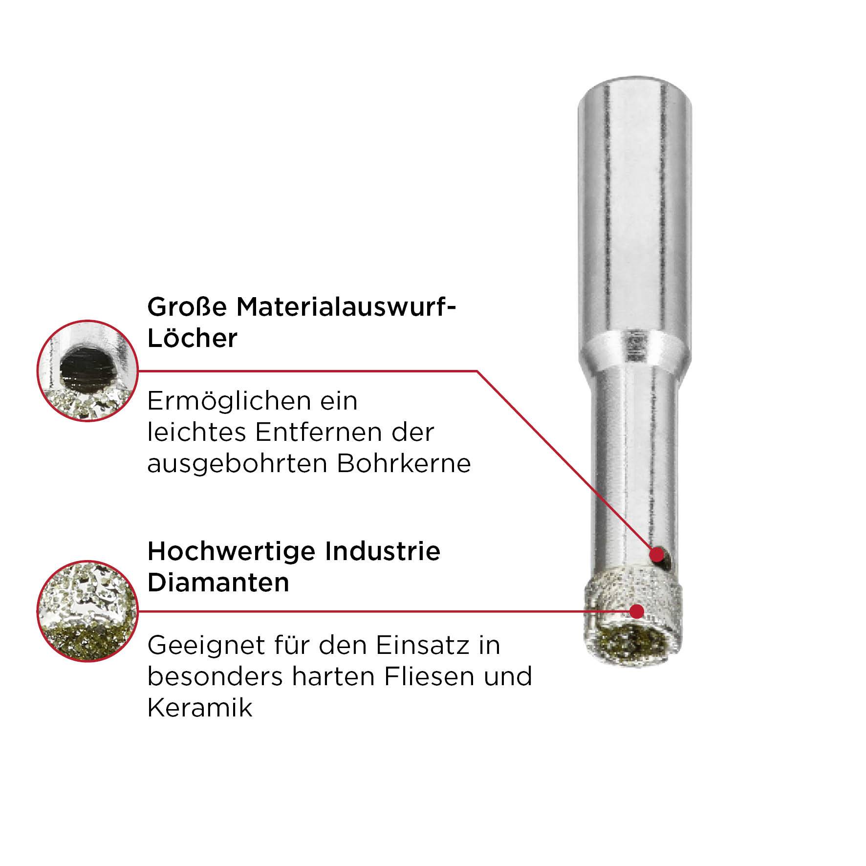 Diamond-coated drill crown for machining hard materials such as tiles and ceramics. Text highlights material ejection holes.