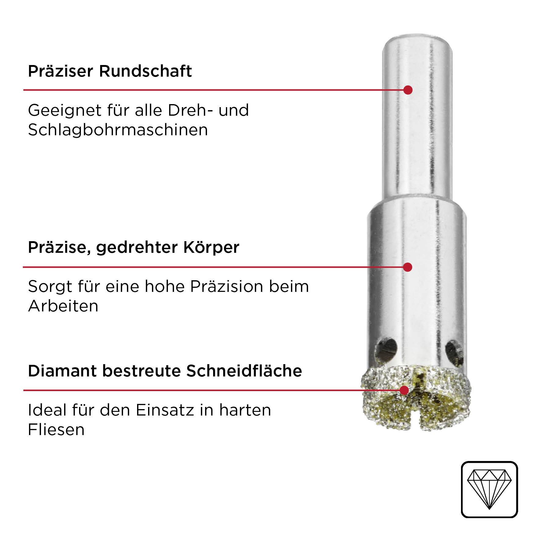 Close-up of a diamond-coated drill bit with annotations: 'Precise Roundness', 'Turned Body', 'Diamond-Coated Cutting Surface', ideal for tiles.