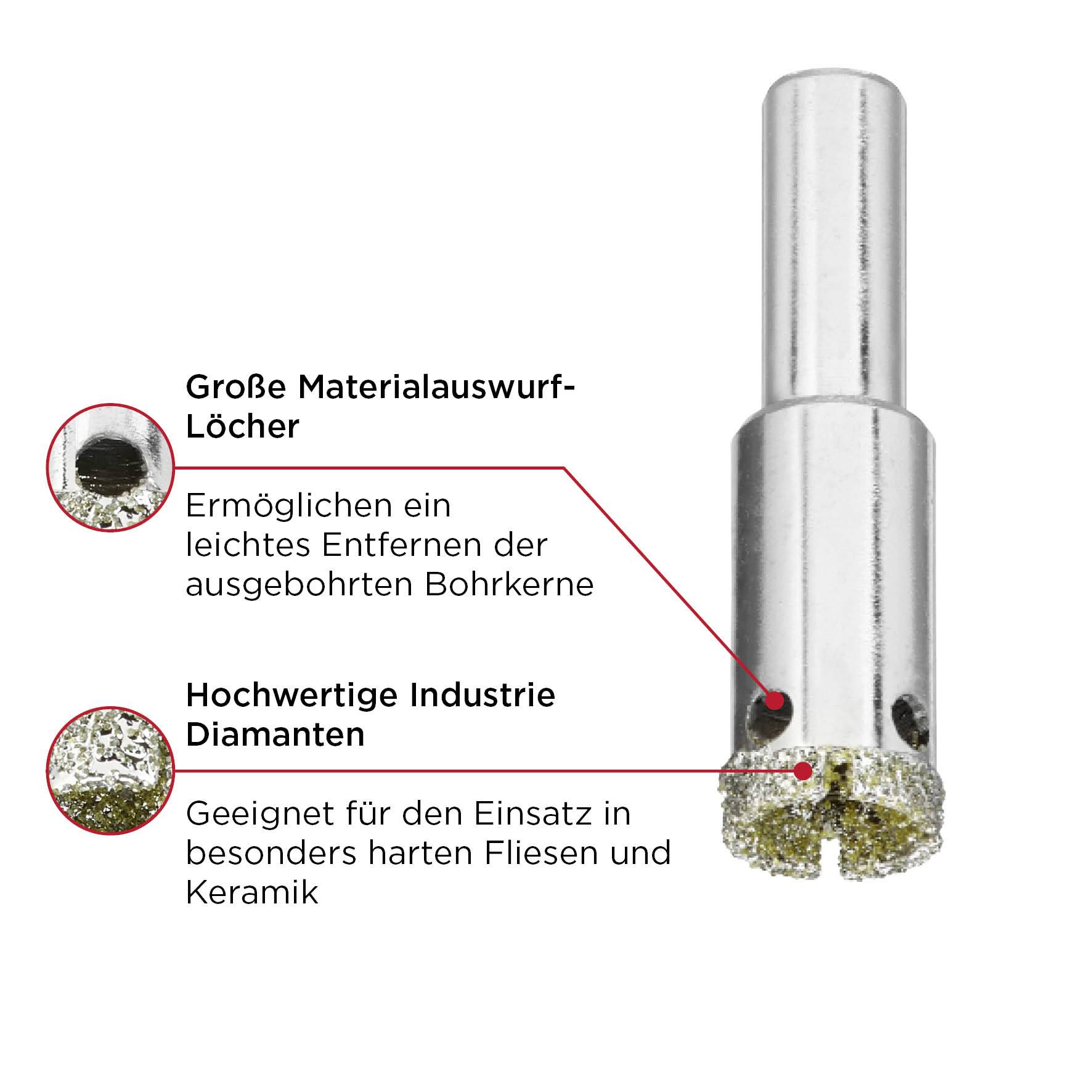 'Drill crown with large material ejection holes and high-quality industrial diamonds, suitable for hard tiles and ceramics.'