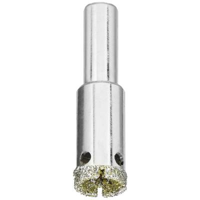 Diamond drill crown with silver shaft and diamond-coated cutting head, used for drilling into hard materials.