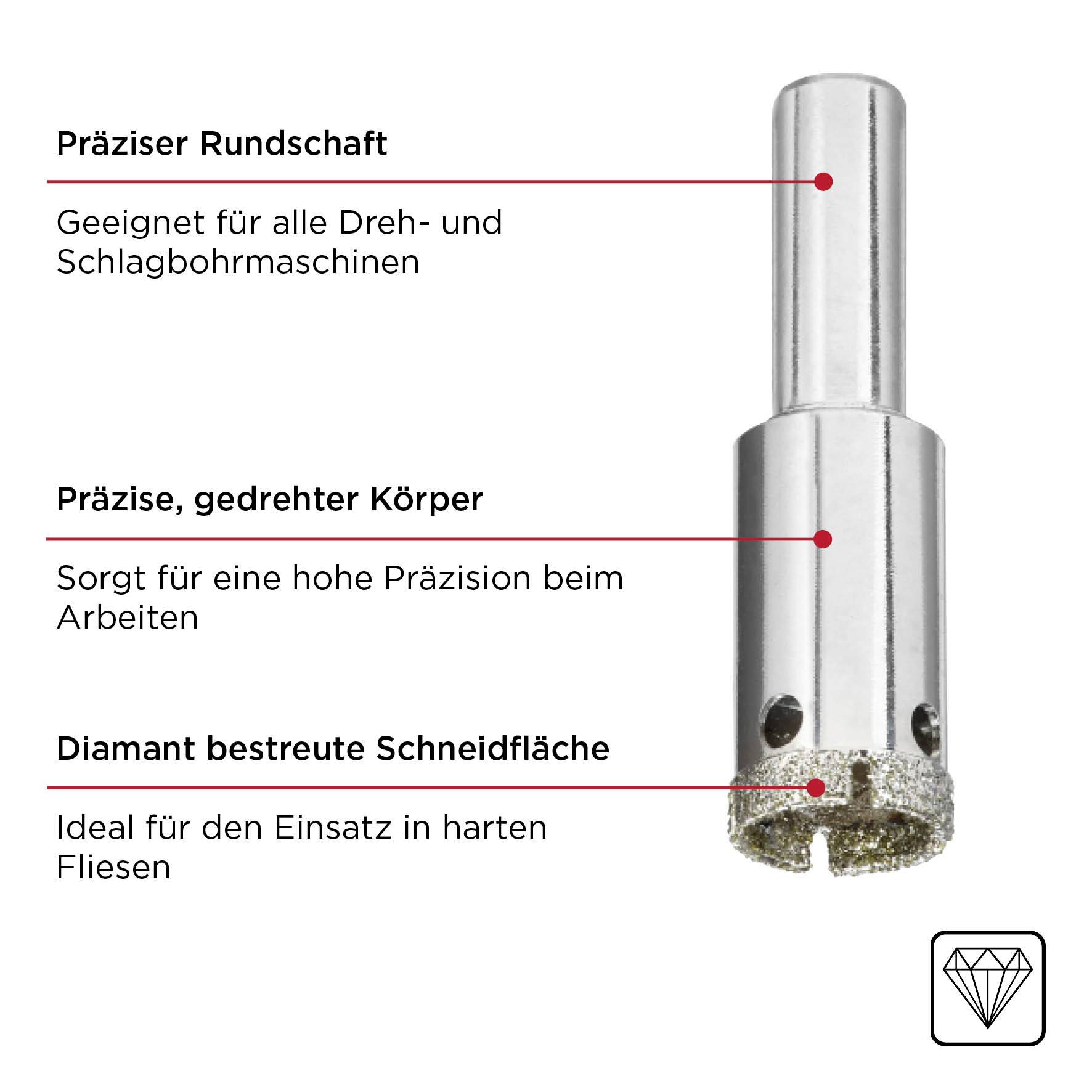 Precision tool with diamond-coated cutting surface, ideal for hard tiles. Suitable for rotary and hammer drills.