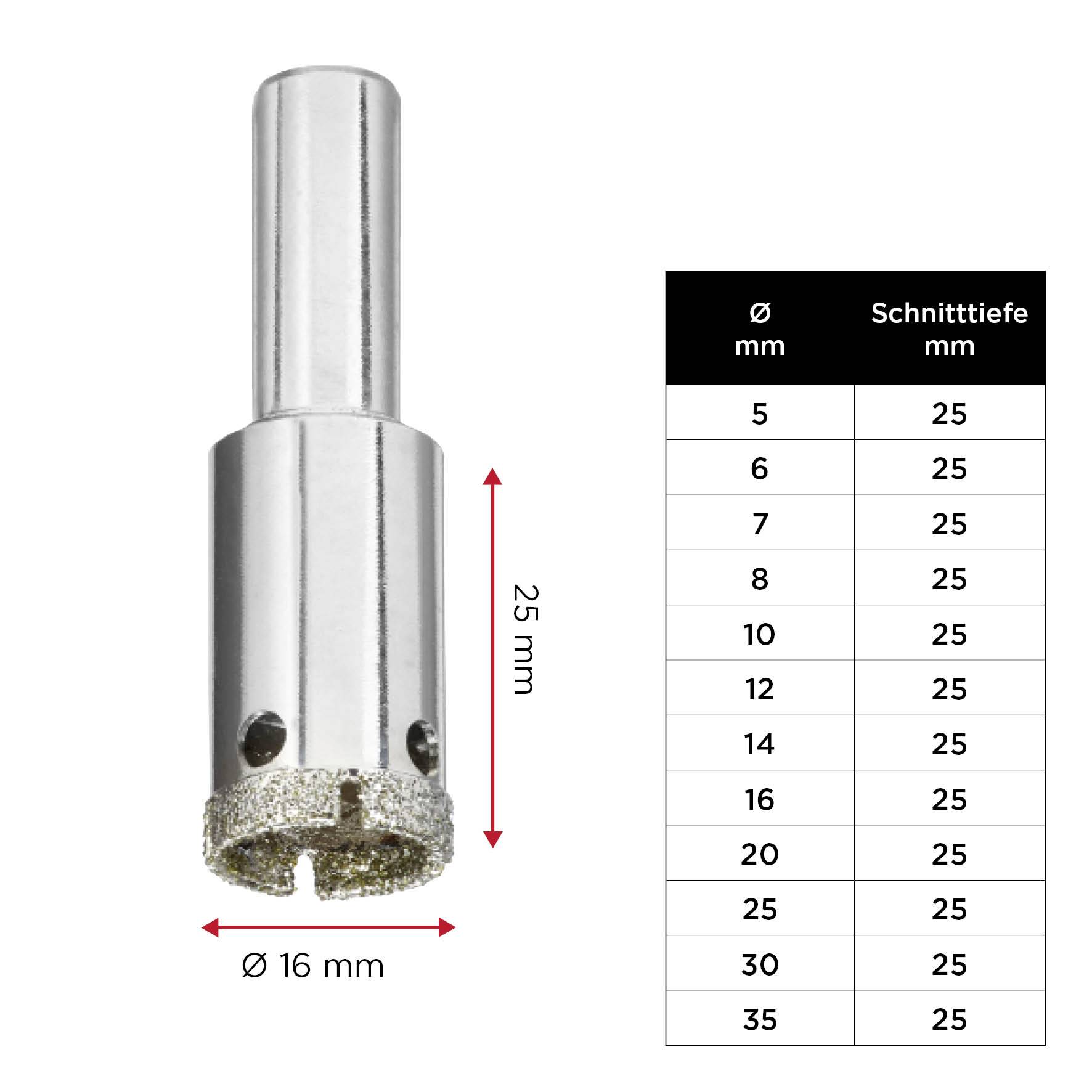 Stainless steel drill bit with diamond coating, 16 mm diameter, 25 mm total length. Table shows drill sizes from 5 mm to 35 mm.