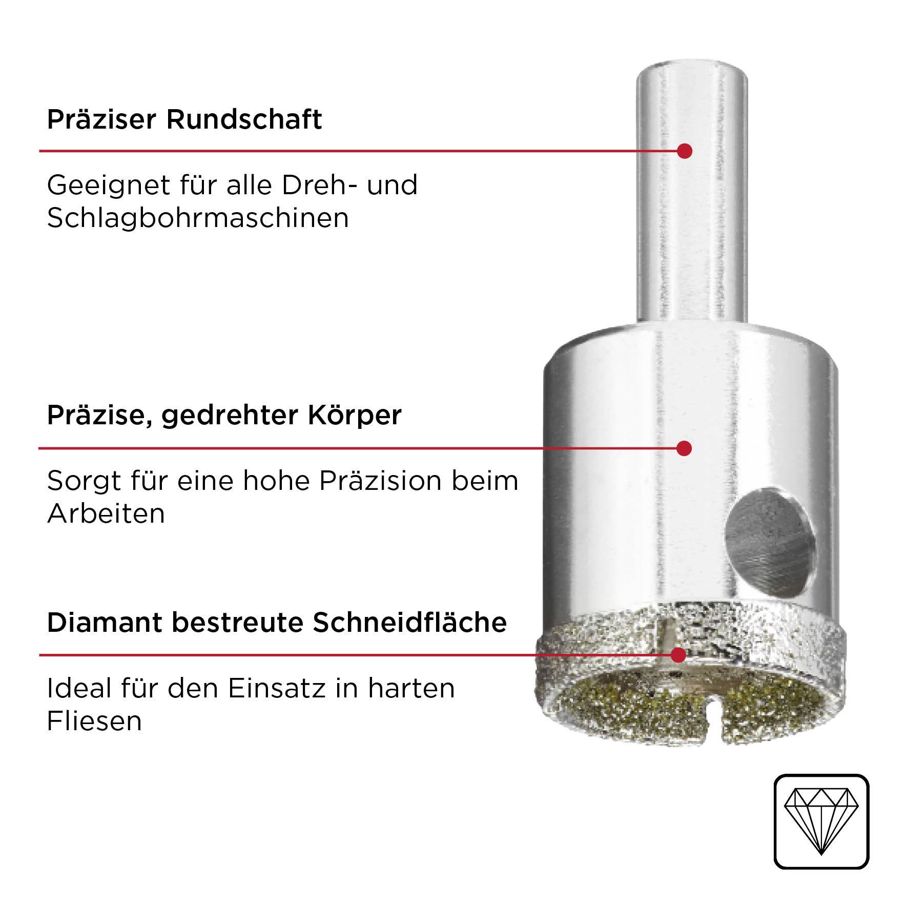 Diamond-tipped drill bit with a round shank. Suitable for rotary and percussion drills, ideal for hard tiles.