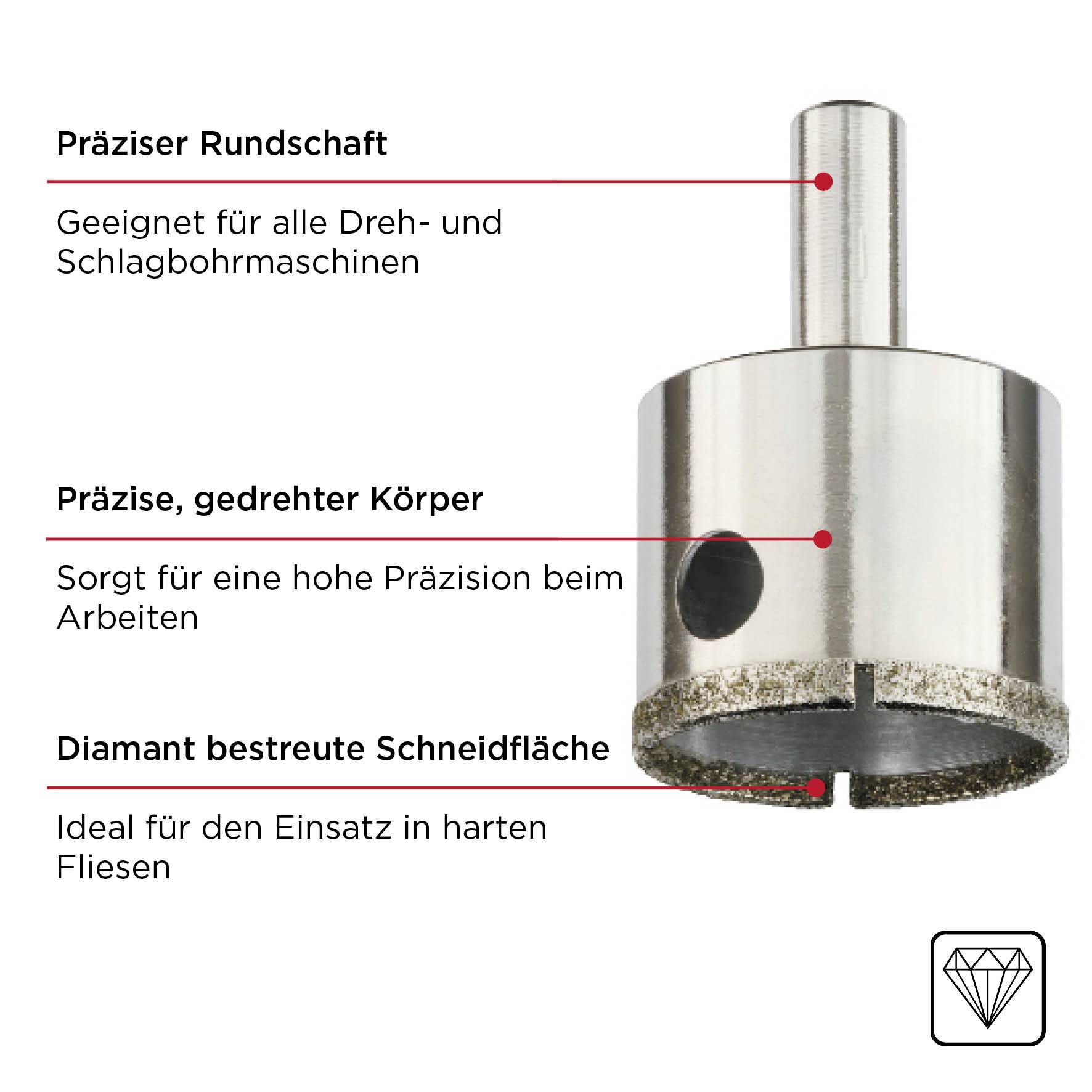 Diamond-tipped drilling crown. Suitable for rotary and percussion drills. High precision during operation. Ideal for hard tiles.