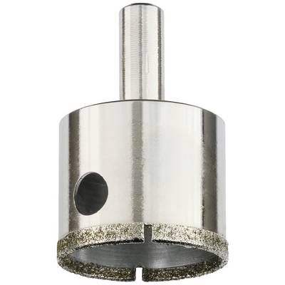 A diamond-coated hole saw drill bit made of metal with a cylindrical head and cutting teeth, suitable for hard materials.