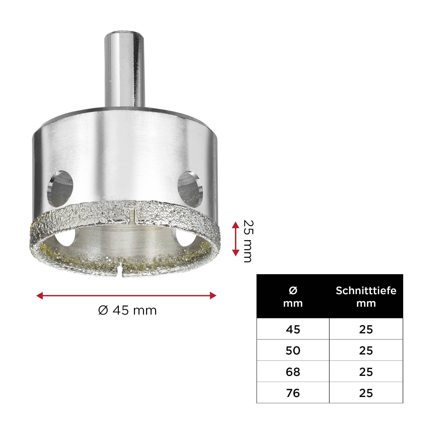 A diamond-coated hole saw attachment with 45 mm diameter and 25 mm cutting depth. Table shows additional sizes and depths.
