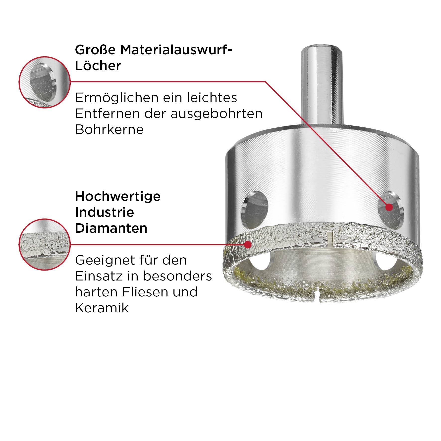 Metal drill bits with large material ejection holes and high-quality industrial diamonds, ideal for drilling in tiles and ceramics.