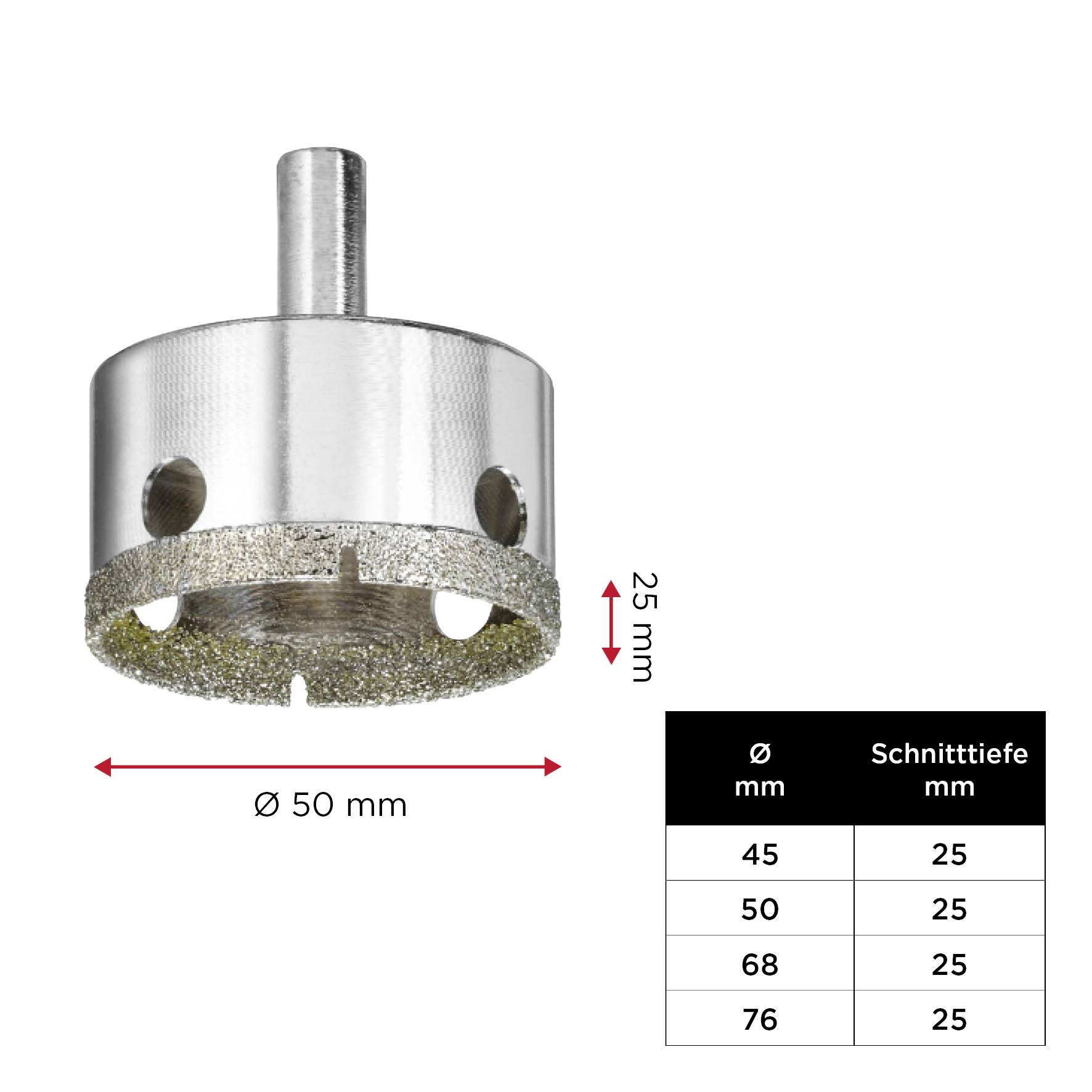 Metal drill crown, 50 mm diameter, 25 mm cutting depth. Table: Ø mm: 45, 50, 68, 76; Cutting depth mm: all 25.