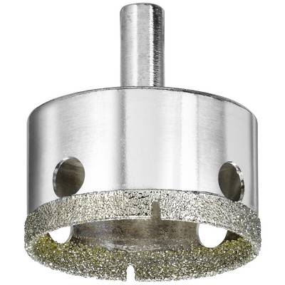 A diamond-coated tile drill bit with a cylindrical shaft and large side holes for cooling and dust extraction.