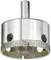 A diamond-coated tile drill bit with a cylindrical shaft and large side holes for cooling and dust extraction.