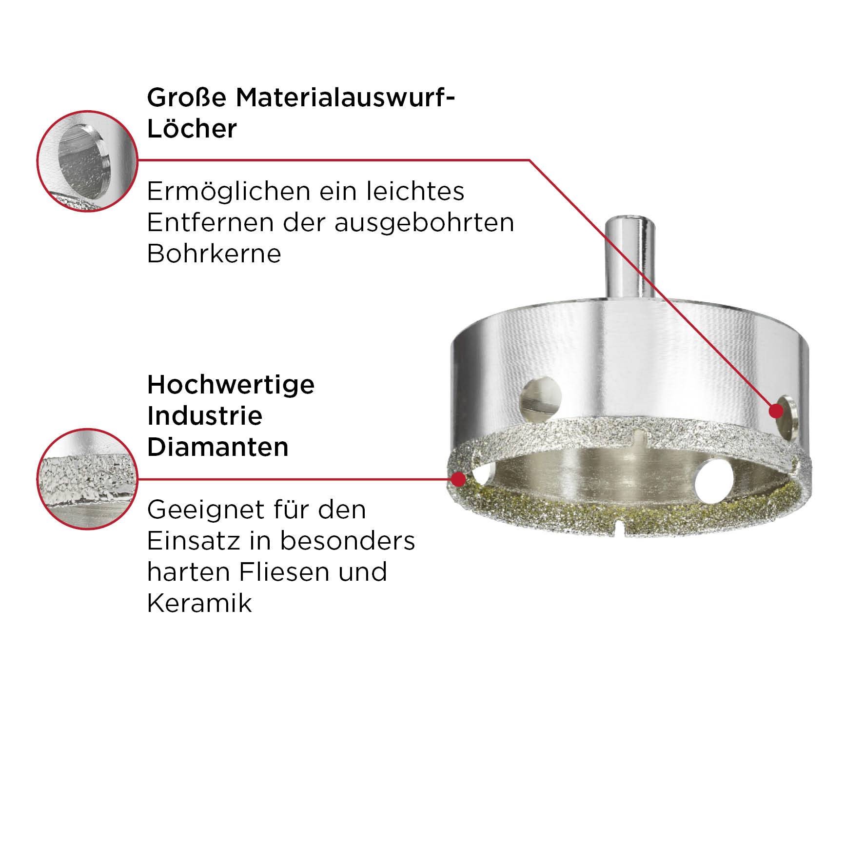'Drill crown with material ejection holes and high-quality industrial diamonds, suitable for hard tiles and ceramics.'