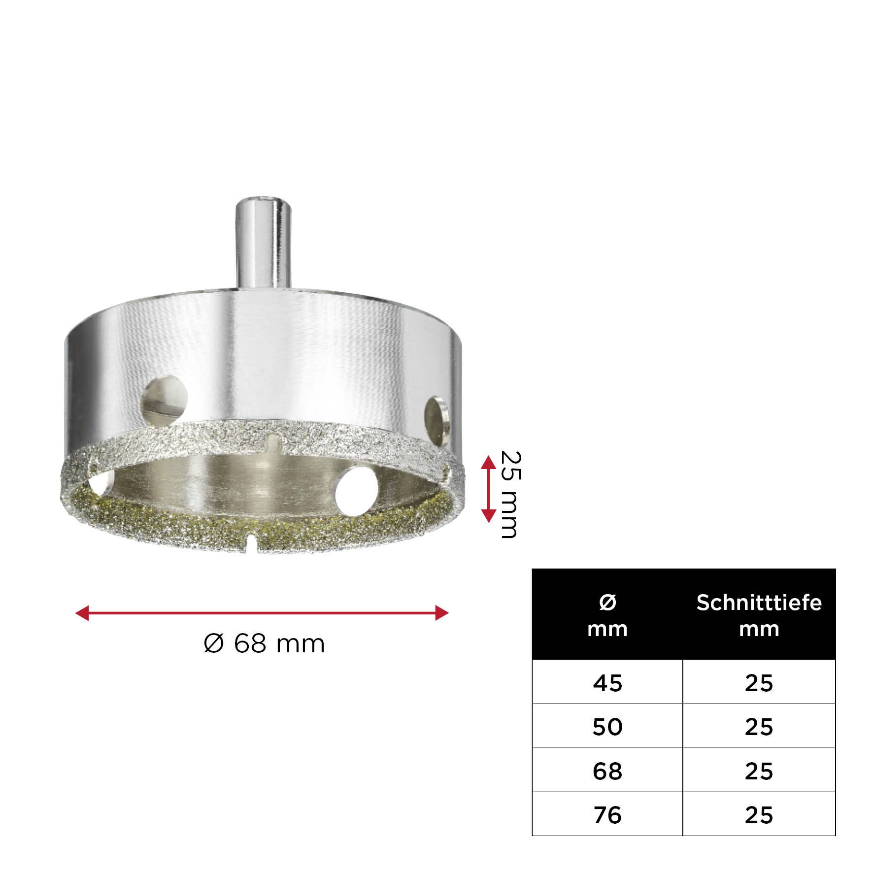 Crown drill bit with 68 mm diameter and 25 mm cutting depth, alongside a table with diameters (45, 50, 68, 76 mm) and 25 mm cutting depths.