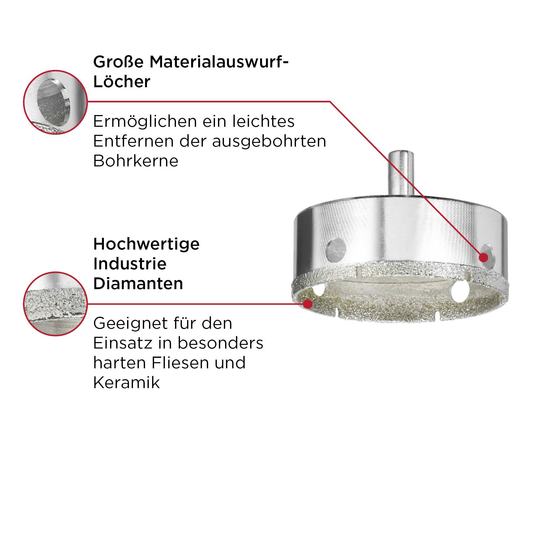 Drill bit with diamond-coated edge and material ejection holes. Suitable for hard tiles and ceramic.